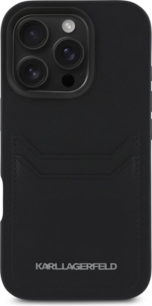 Mbështjellës Karl Lagerfeld HC Grained PU Cardslot Metal Elong për iPhone 16 Pro Max, e zezë