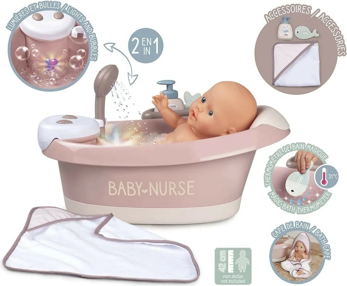 Vaskë lodër Baby Nurse Smoby 7600220368 me hidromasazh dhe dritë, bezhë/rozë/e bardhë, set aksesorësh