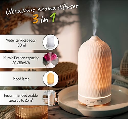 Difuzer arome ultrasonik, Camry, CR 7970, 100 ml, dritë ambienti, i bardhë