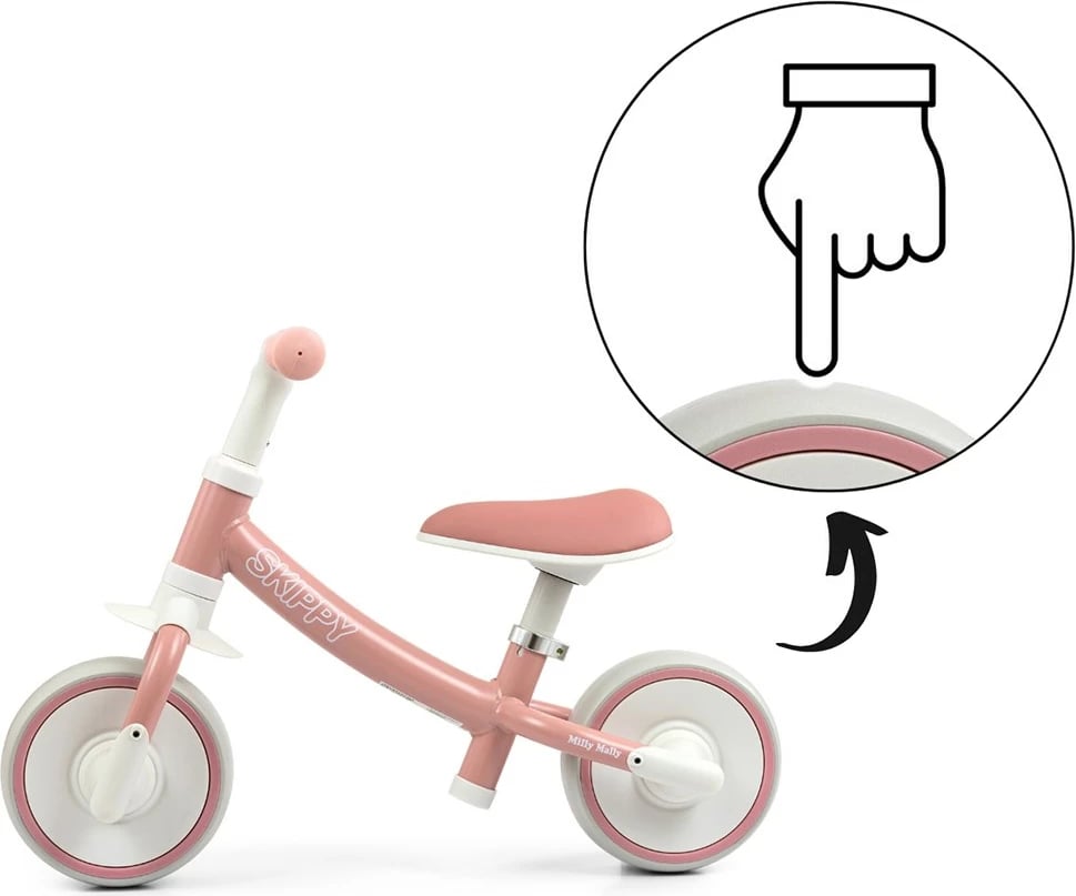 biçikletë balancuese, Milly Mally, Skippy, rrota EVA pa shpim, sedilje e rregullueshme, 18+ muaj, rozë