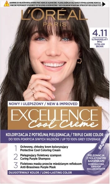 Ngjyrë për flokë L'Oreal Paris Excellence Cool Creme 4.11 Ultrapopielaty Brown për femra, 1 copë