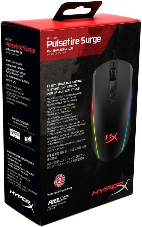 Maus, HyperX, Pulsefire Surge 4P5Q1AA, 16000 DPI, sensor optik Pixart 3389, me kabllo USB 1.8 m, 6 butona, RGB 360°, për dorë të djathtë, i zi