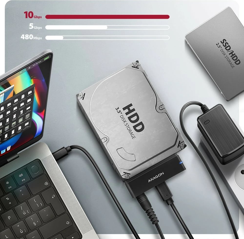 Adapter USB-C në SATA AXAGON ADSA-FPX, 10Gbps, për SSD/HDD 2.5"/3.5", me furnizim rryme, 60cm kabllo, i zi