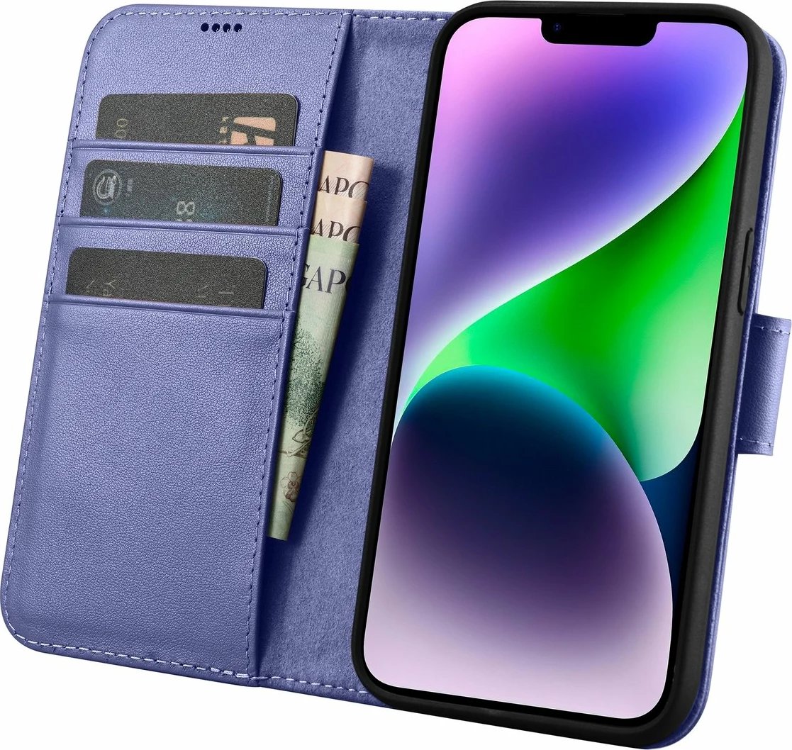 Mbështjellës iCarer Wallet Case 2in1 për iPhone 14, lëkurë natyrale, Anti-RFID, Vjollcë e çelët
