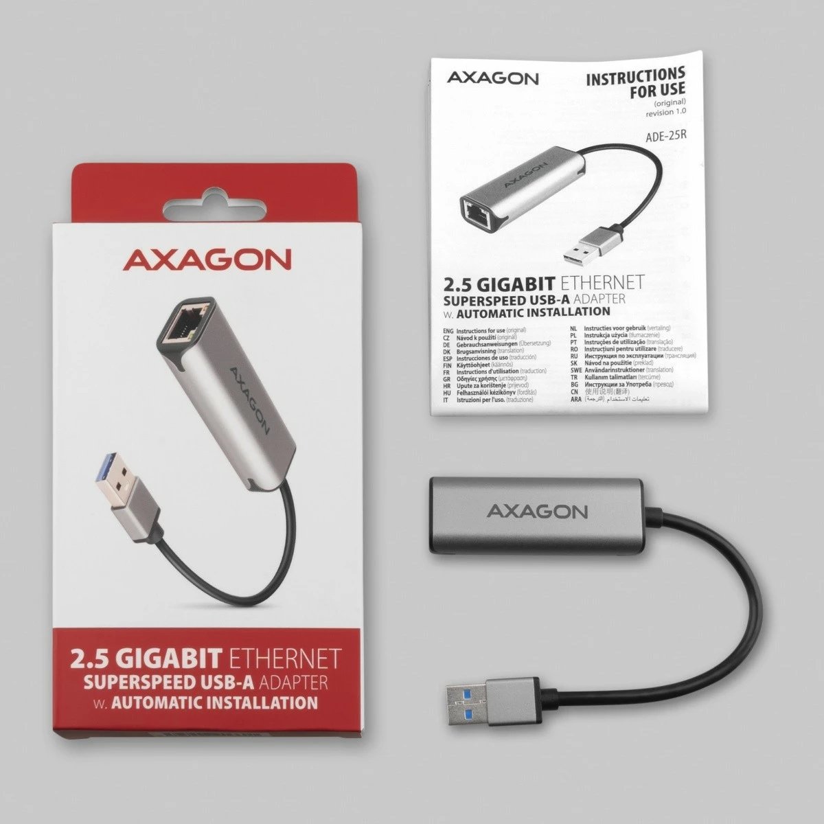 Kartë rrjeti AXAGON ADE-25R, 2.5 Gigabit Ethernet, USB-A 3.2 Gen 1, Gri