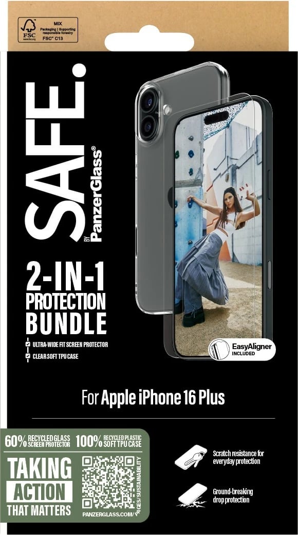 Mbështjellës dhe mbrojtës ekrani PanzerGlass për iPhone 16 Plus, transparent