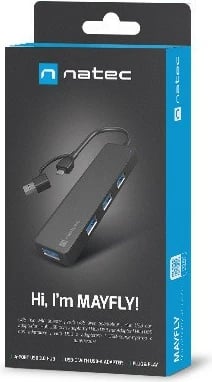 Hub USB Natec Mayfly NHU-2023, 4 porta USB-A, me adapter USB-A në USB-C, e zezë