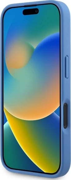 Mbështjellës Guess për iPhone 16, lëkurë, logo metalike, rrip, Blu