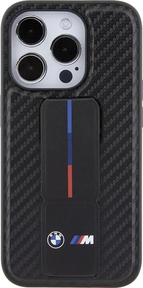 Mbështjellës BMW Grip Stand Smooth & Carbon për iPhone 15 Pro, i zi