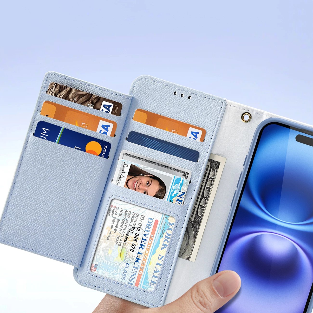 Mbështjellës Dux Ducis Lawa për iPhone 16, me portofol magnetik të ndashëm, lëkurë, kaltër