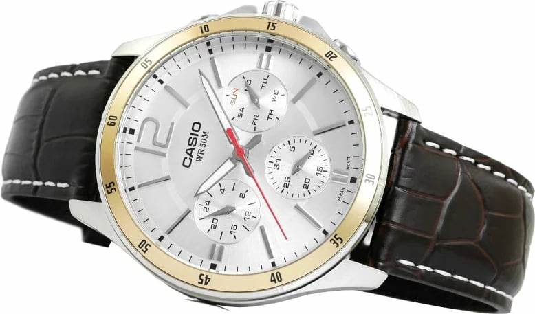 Orë dore për meshkuj Casio, argjendtë e arit me rrip kafe