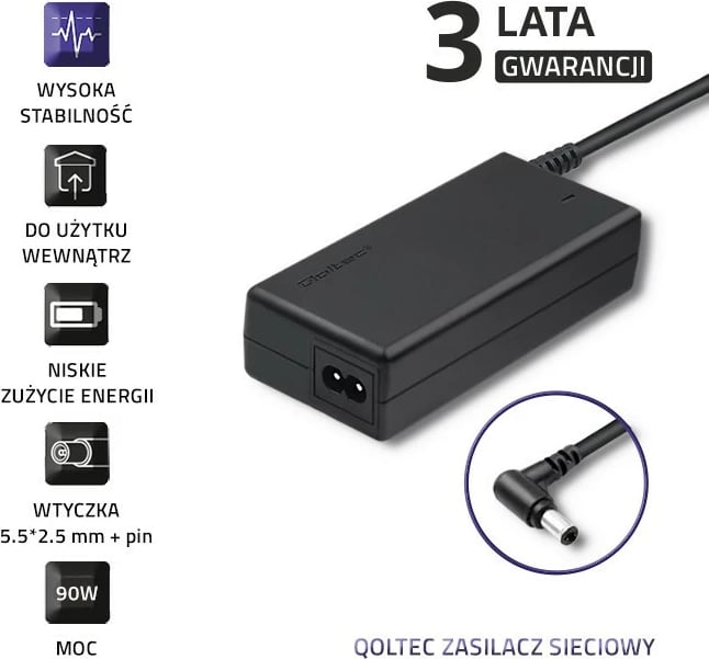 Adapter rryme për laptop Qoltec 50090.90W, 19V, 4.74A, 5.5x2.5 mm, i zi