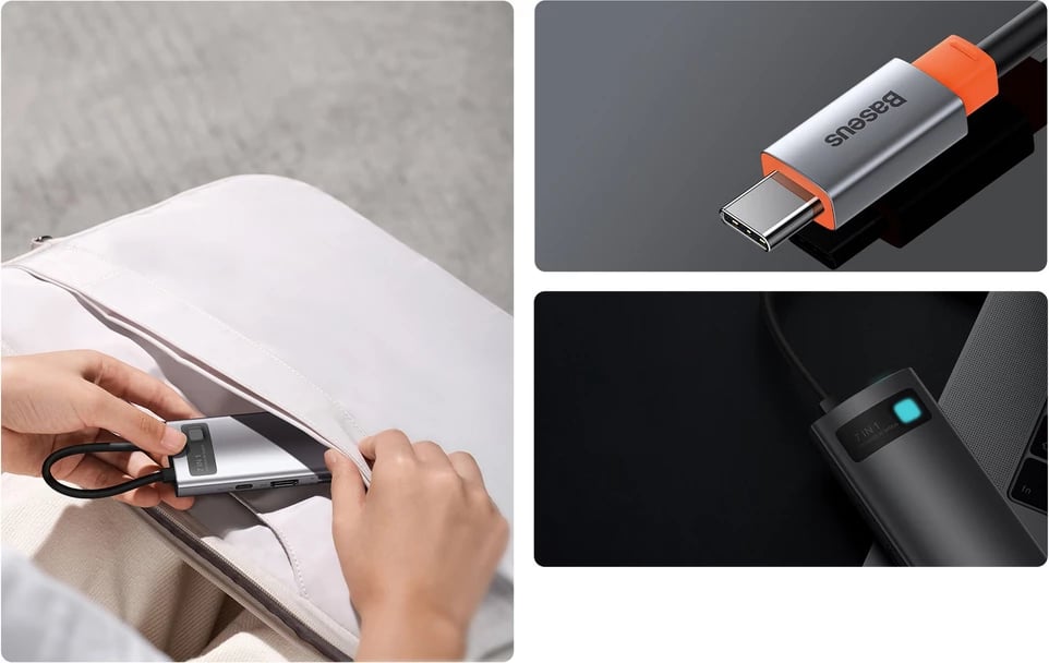 Kasë USB HUB Baseus Metal Gleam Series 7in1, USB-C, HDMI, TF, PD, Gri