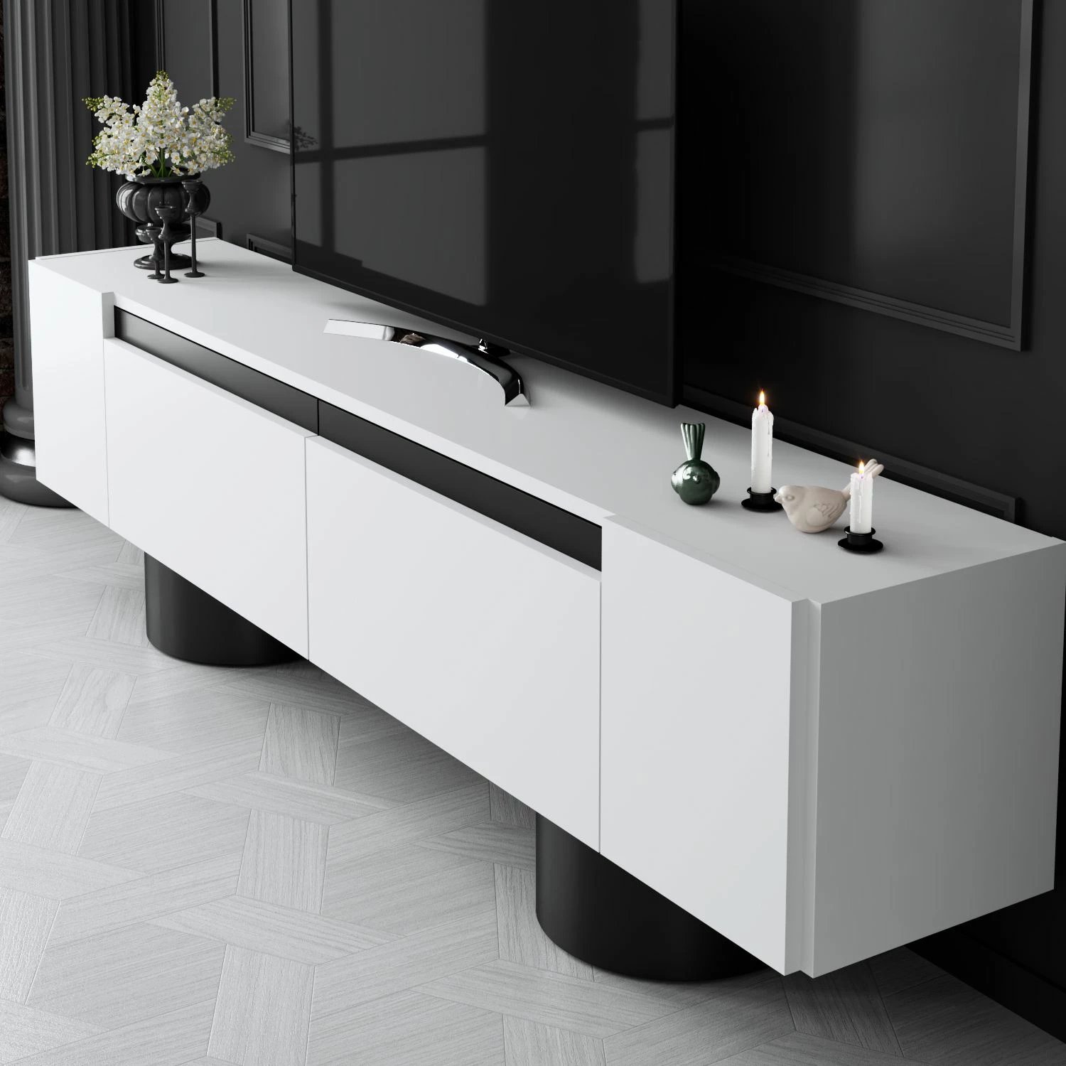 Komodë për TV Hanah Home, Bohem, e bardhë, e zezë