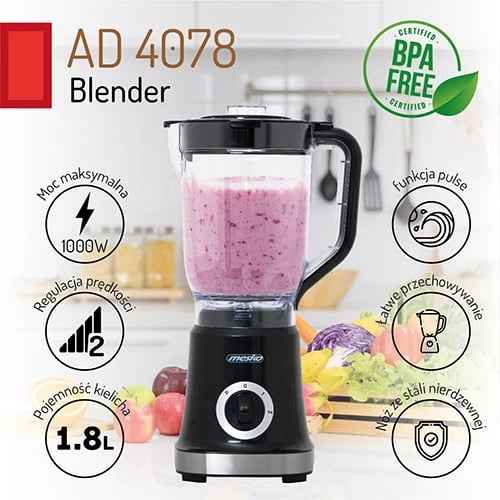 Blender, Mesko, MS 4079, 1.8L 1000W max 2 shpejtësi + Pulse, gotë plastike BPA-free, thikë inoksi 4-tejshme, e zezë Blender, Mesko, MS 4079, 1.8L 1000W max 2 shpejtësi + Pulse, gotë plastike BPA-free, thikë inoksi 4-tejshme, e zezë