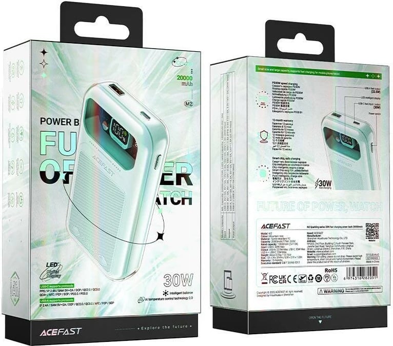 Powerbank Acefast Sparkling Series M2, 20000mAh, 30W, i gjelbër