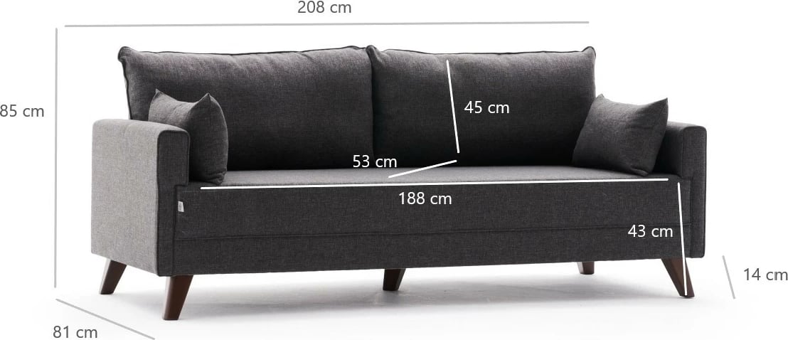 Krevat-sofë treshe, ngjyrë antracit, Bella Sofa Bed