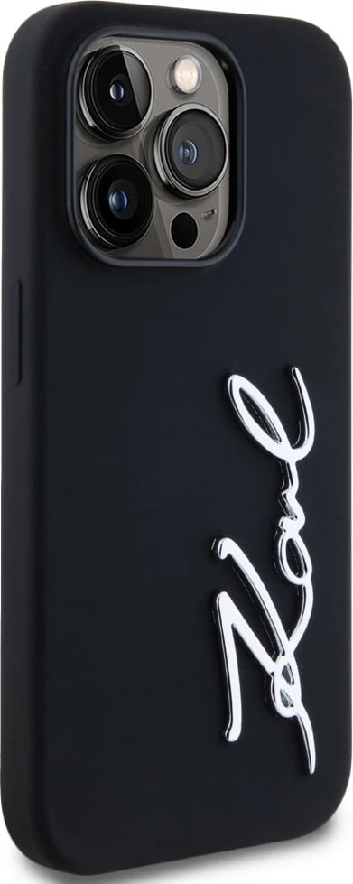 Mbështjellës Karl Lagerfeld Silicone Metal Script Logo për iPhone 14 Pro, i zi