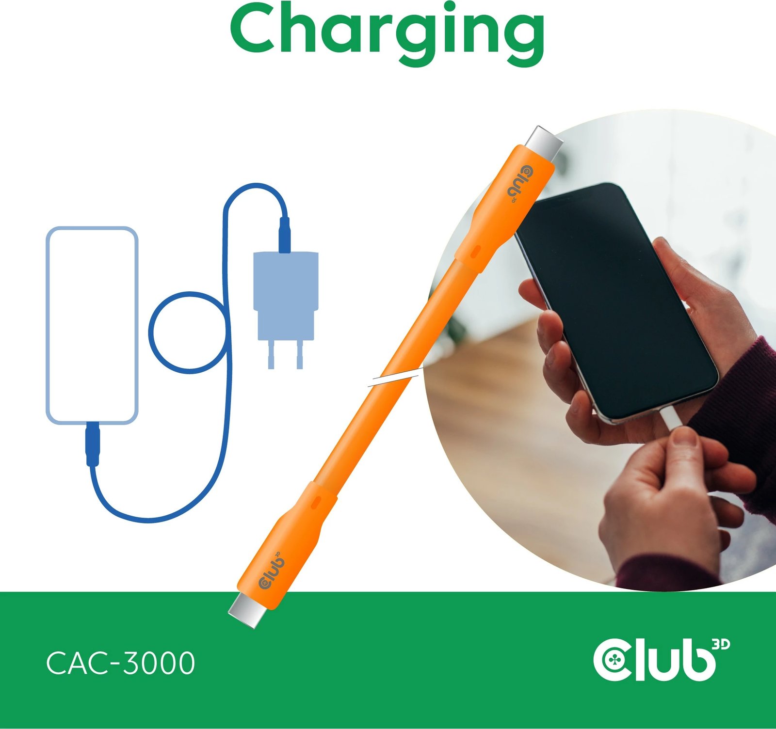 Kabllo USB-C Club3D CAC-3000, 2m, 240W, 20Gbps, portokalli