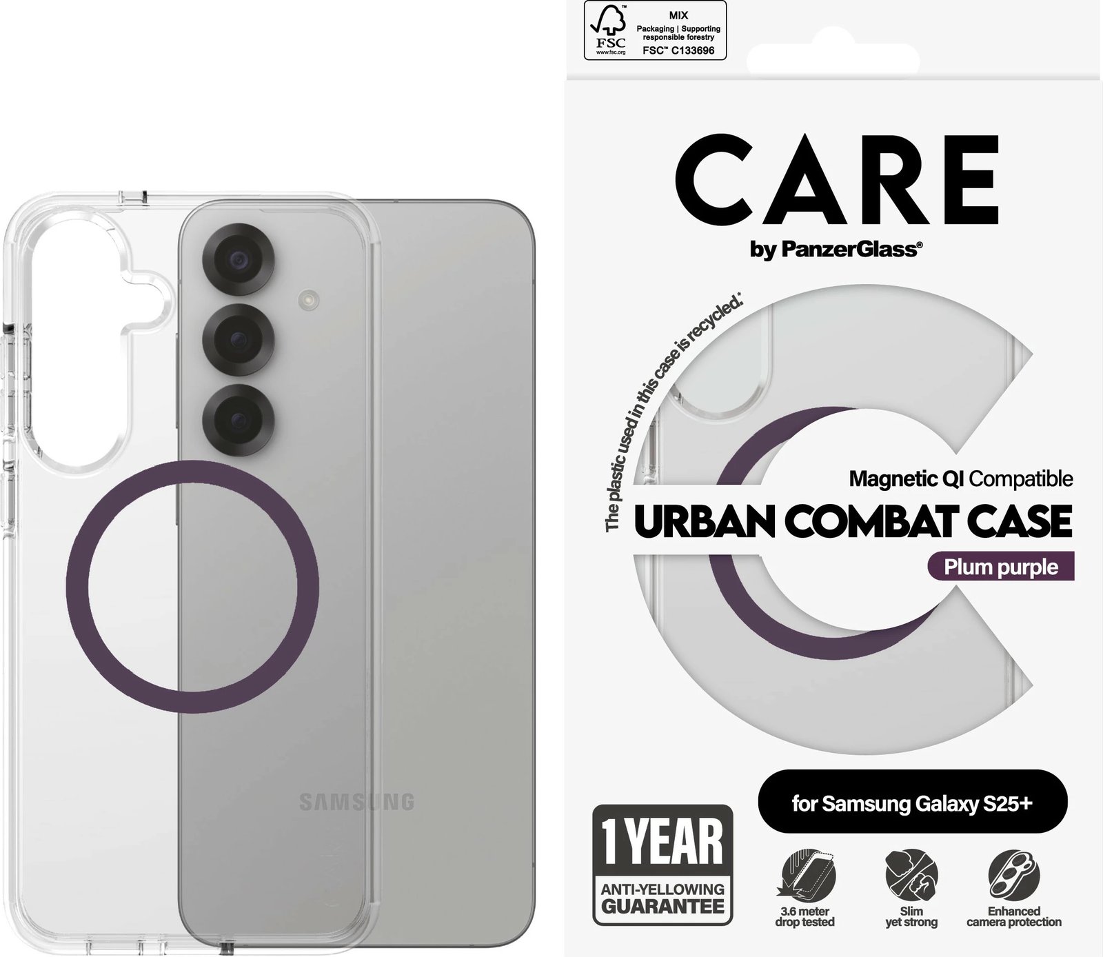 Mbështjellës PanzerGlass CARE Flagship Case Combat, Galaxy S25 Plus, transparent, Plum Purple QI