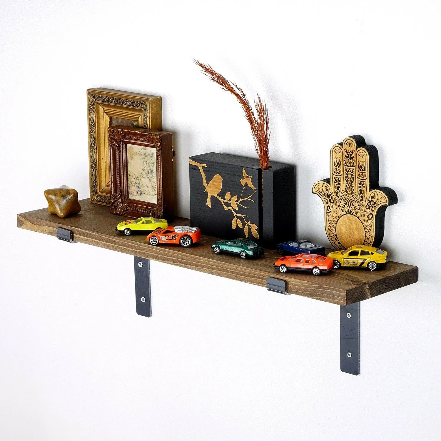 Raft dekorativ prej druri për mur, ngjyrë e zezë dhe arre, Hanah Home Lam002