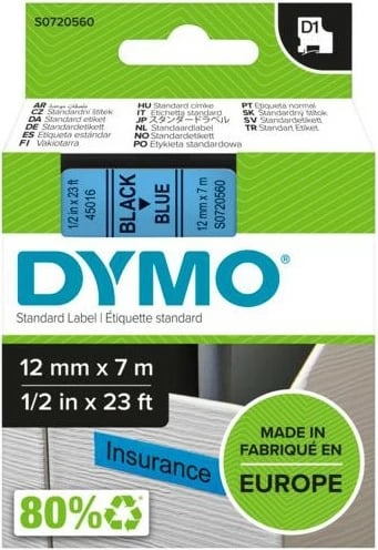 Kasetë etiketuese Dymo D1 S0720560, 12mm x 7m, e zezë mbi blu