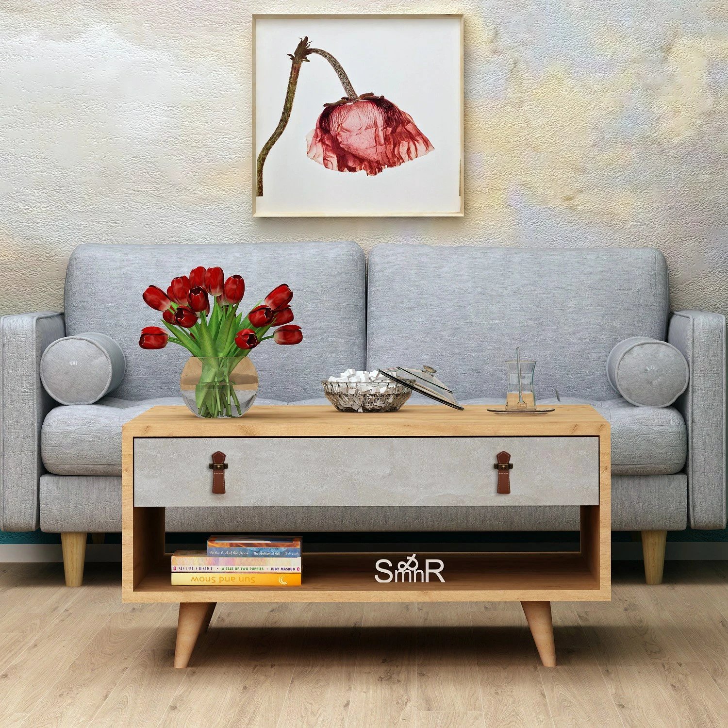 Tavolinë kafeje Hanah Home, Brida, ngjyrë lis dhe e bardhë, me 2 sirtarë