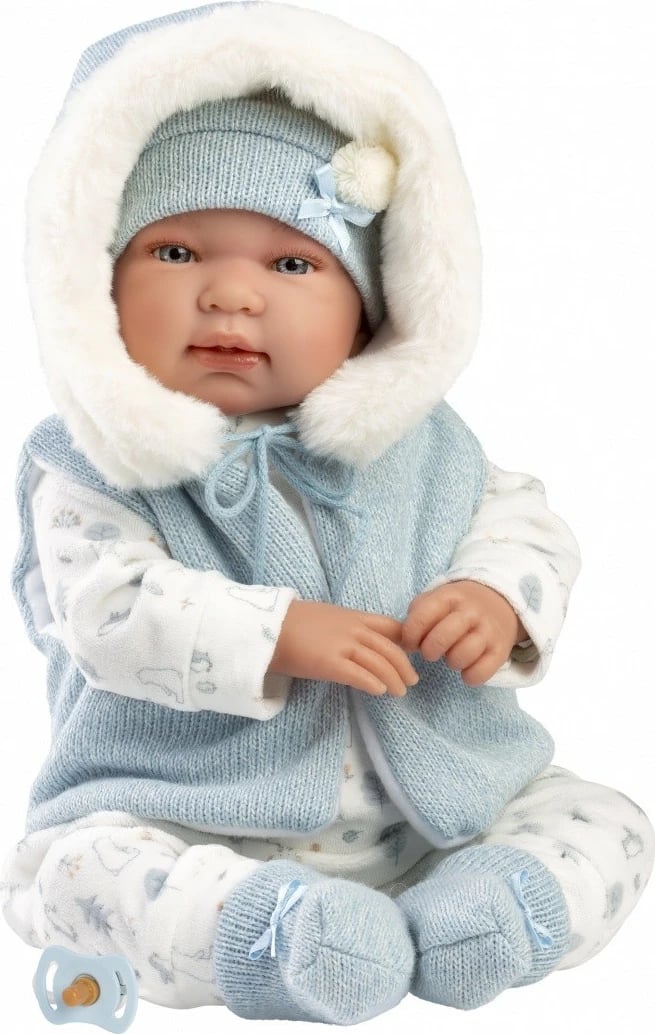 Kukull bebe vajtuese, Llorens, 84485 Tino, 44 cm, qarje me shtypje në bark, bateri LR44 të përfshira, set me 4 pjesë + biberon, blu e çelët