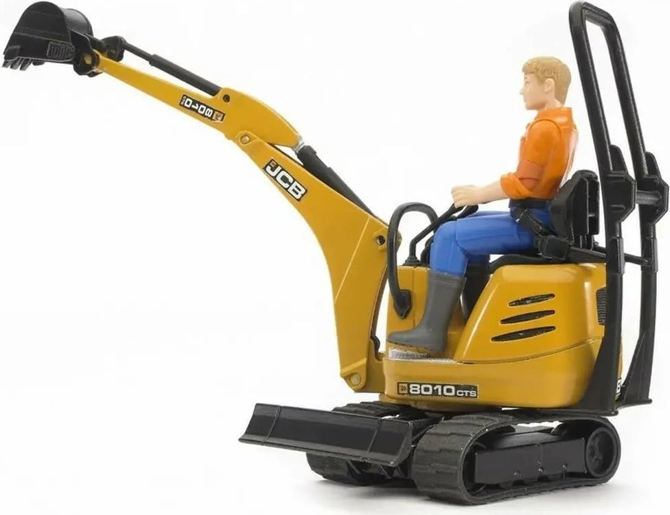 Mini ekskavator lodër, BRUDER JCB 8010 CTS, shkallë 1:16, me figurë punëtori, verdhë/zi