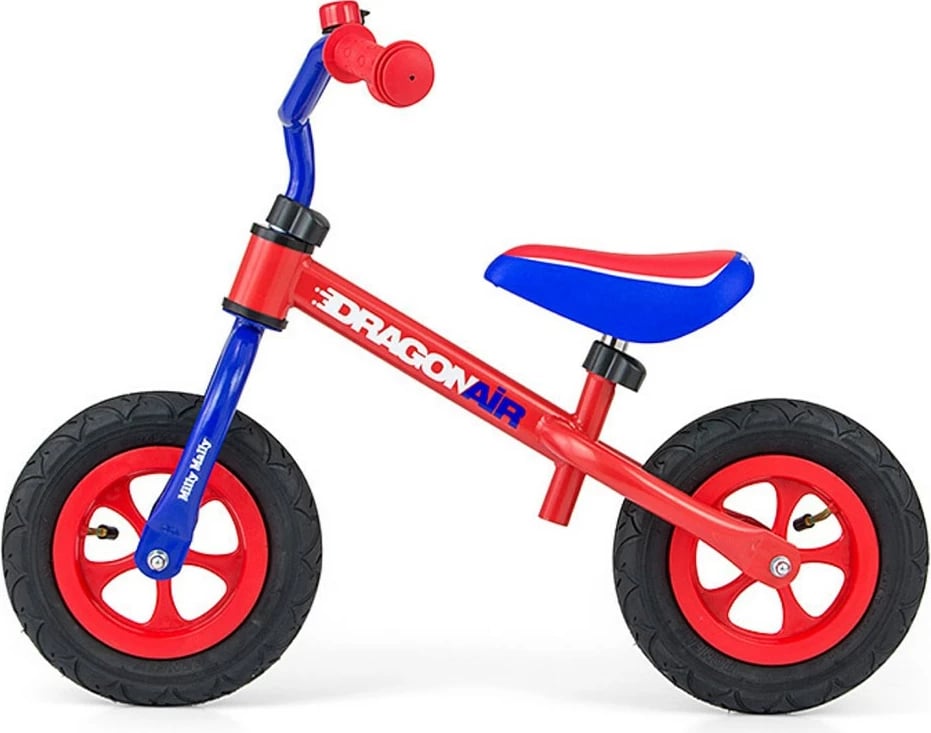 Biçikletë balancuese, Milly Mally, Dragon Air, goma të frymë 10", kornizë çeliku, zile, për moshë 2-5 vjeç, deri 20 kg, e kuqe-blu