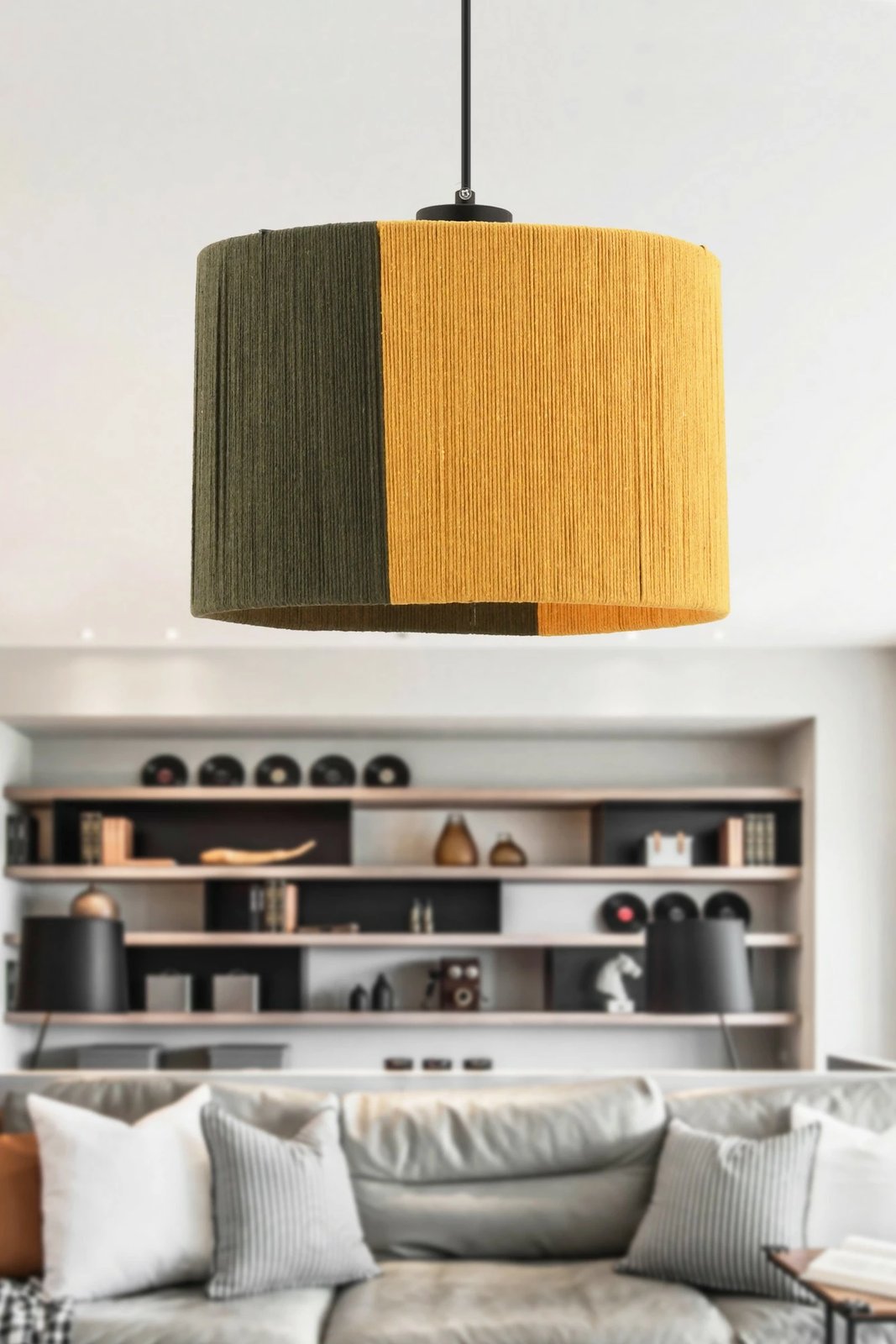 Llambë tavani Opviq, metal dhe jute, ngjyrë e gjelbër dhe e verdhë, 30x30x20cm