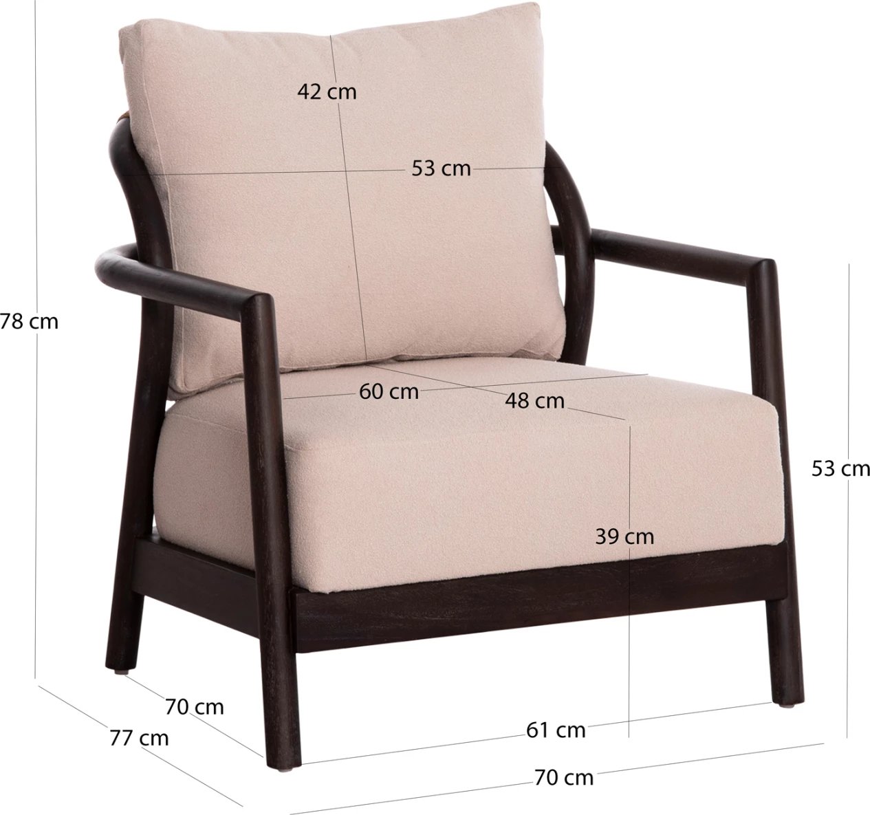 Fotel Pristine, dru mahogany i zi, litar bezhë, jastëk krem, 70x77x71.5cm