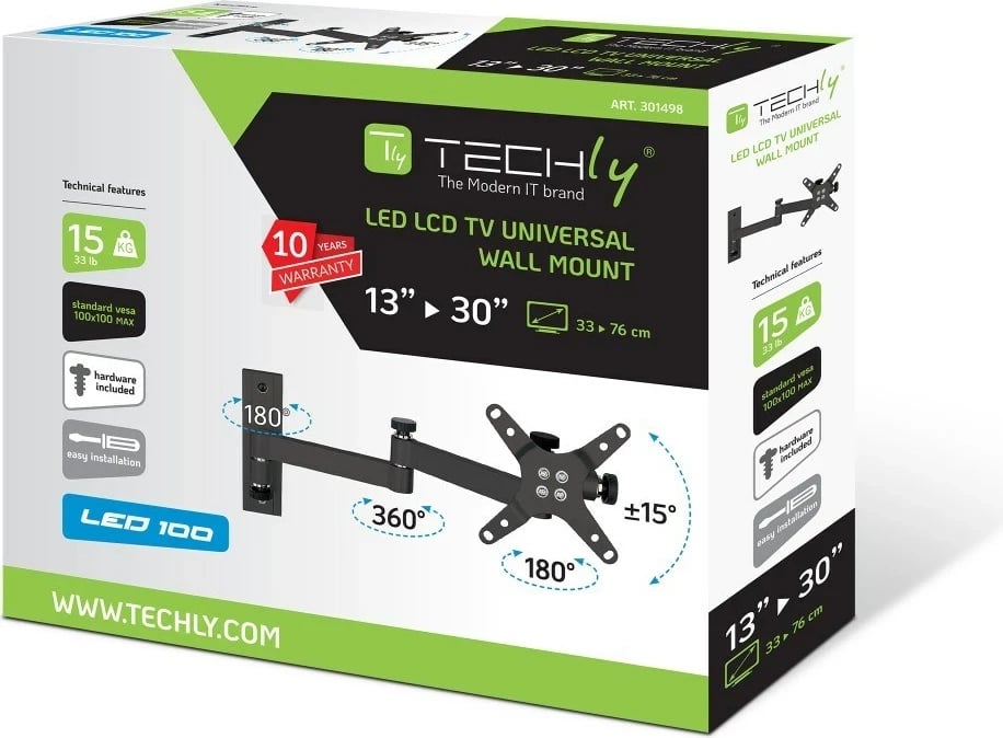 Mbajtës muri TECHly për TV LED LCD, 13-30", i zi