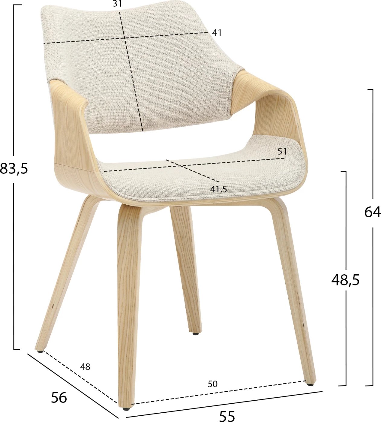 Karrige për ngrënie NETTO FH9976.01, kornizë druri, ngjyrë lisi-bezhë, 55x56x83.5 cm