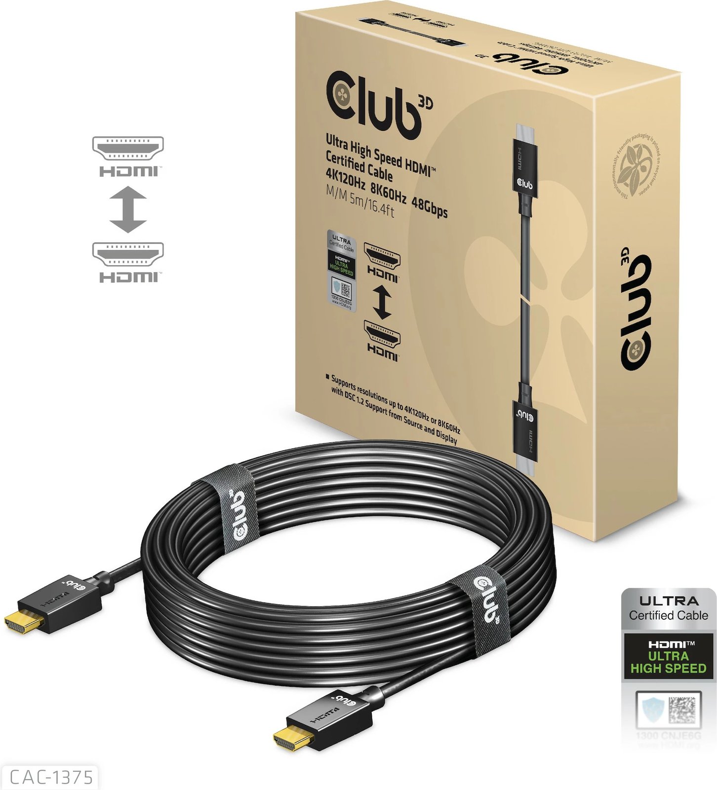 Kabllo HDMI Club3D 2.1 Ultra High Speed 5m, e zezë