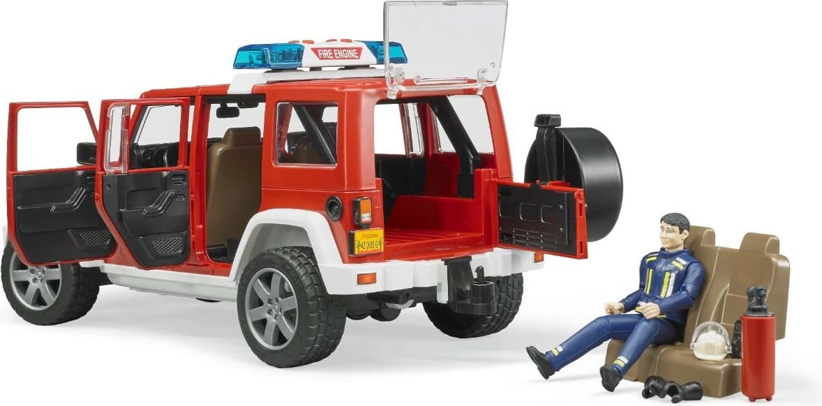 Makina lodër BRUDER Jeep Wrangler zjarrfikës BR-02528, shkallë 1:16, modul dritë/tingull, me figurë, e kuqe/zezë/bardhë