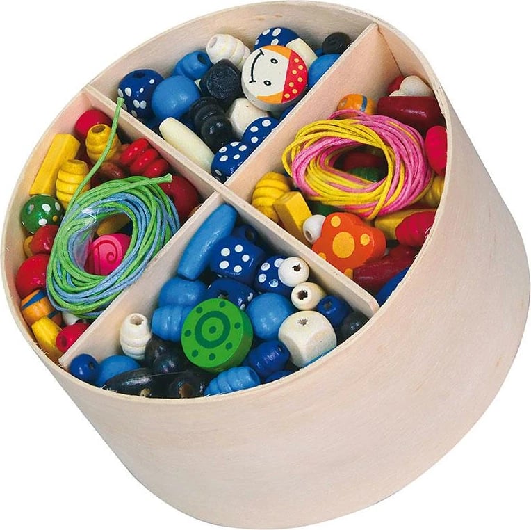 Set rruaza druri për bizhuteri, Viga, 600 copë + 8 fije, dru ahu, kuti rrethore, shumëngjyrëshe