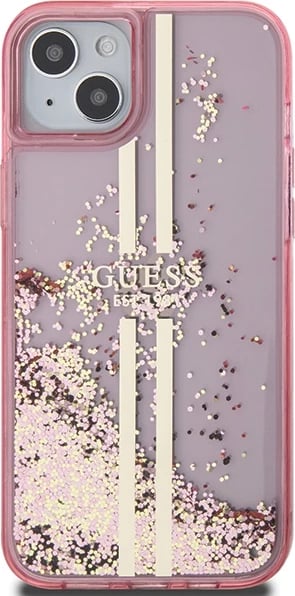 Mbështjellës Guess Liquid Glitter Gold Stripes për iPhone 15 Plus / 14 Plus, Rozë