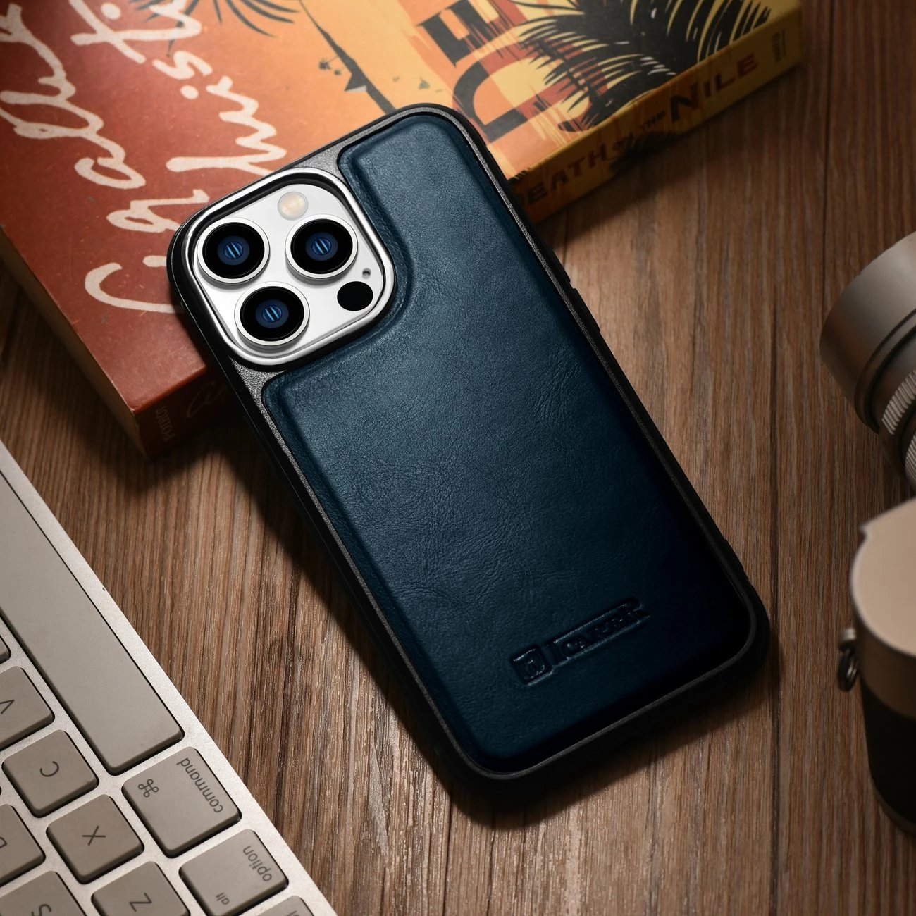 Mbështjellës iCarer për iPhone 14 Pro, lëkurë natyrale, Blu