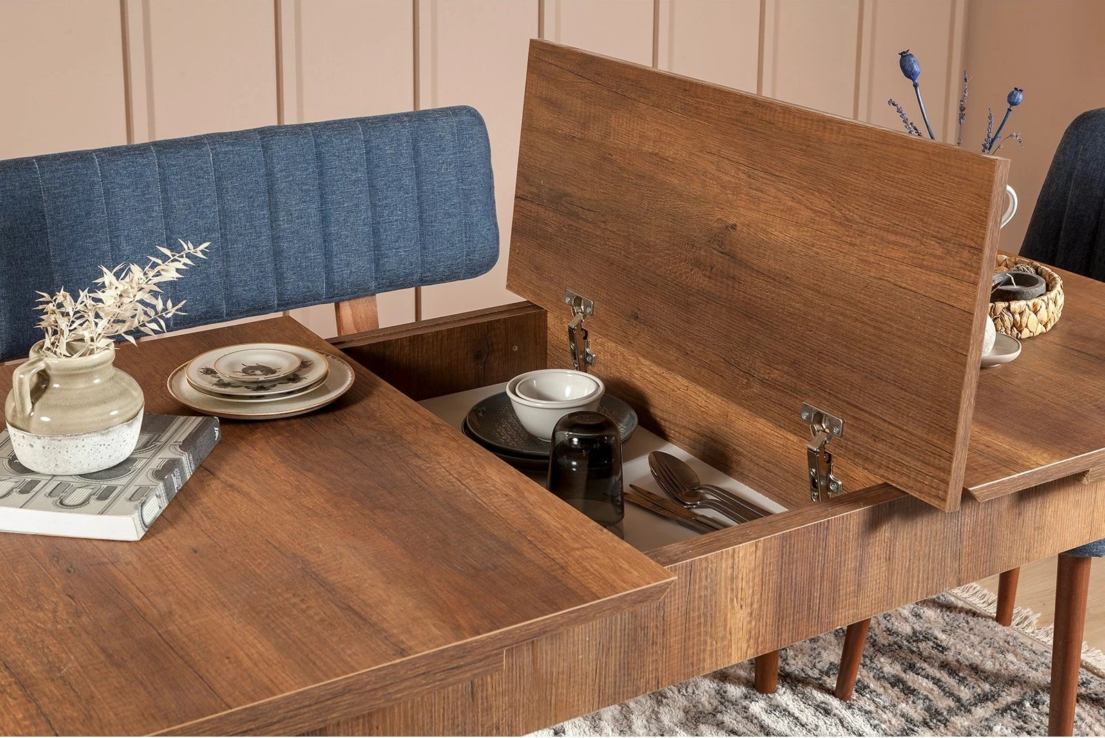 Set tavoline me karrige, zgjatshme, 5 pjesë, Hanah Home Vina 1048-4, ngjyrë arre, blu e errët