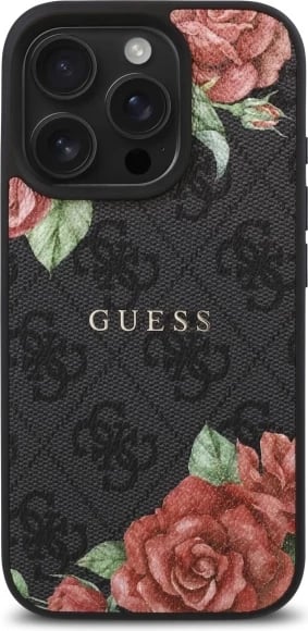 Mbështjellës Guess GUHMP16LP4ROPEMCK për iPhone 16 Pro 6.3", 4G Flowers Print MagSafe, zi
