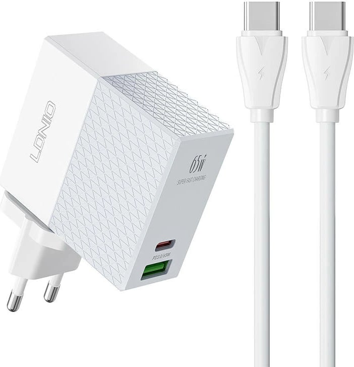 Karikues rrjeti LDNIO A2620C, 65W, 2 porta USB-A/USB-C, me kabllo USB-C në USB-C, Bardhë