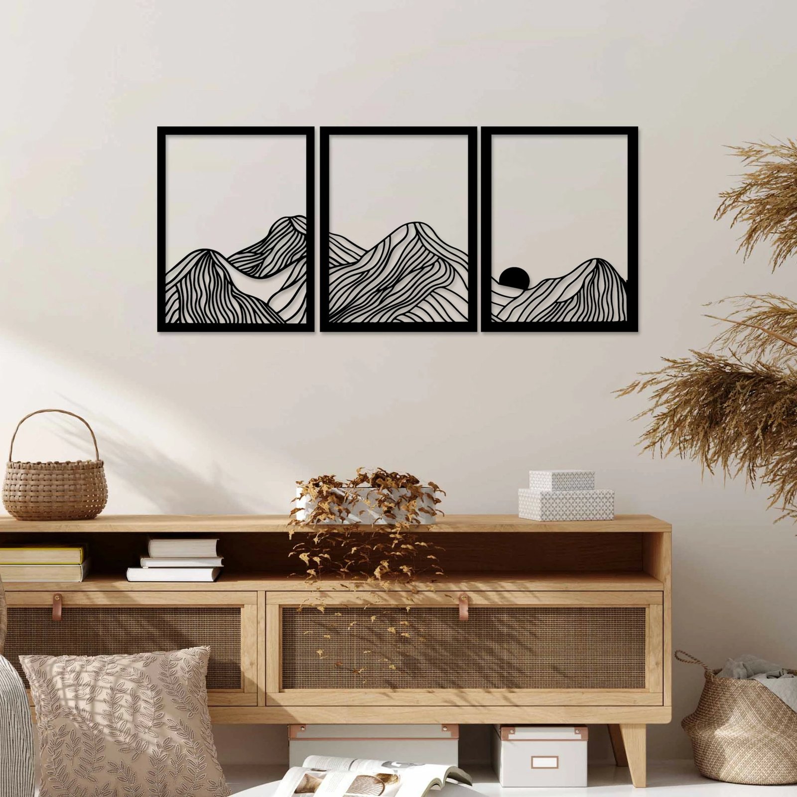 Aksesor dekorativ metalik për mur, Wallity Colline-1, 3 pjesë, ngjyrë e zezë