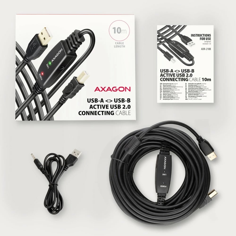 Kabllo aktive AXAGON ADR-210B, USB 2.0 A-M në B-M, 10m, e zezë