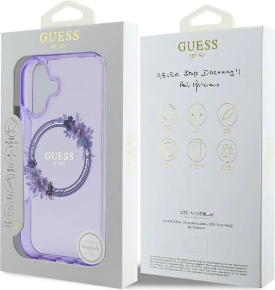 Mbështjellës Guess IML Flowers Wreath MagSafe për iPhone 16, vjollcë Mbështjellës Guess IML Flowers Wreath MagSafe për iPhone 16, vjollcë