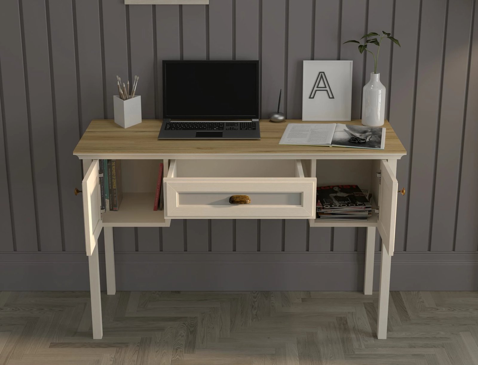 Tavolinë pune Skye Decor, FRN-21033, krem, lis, gri