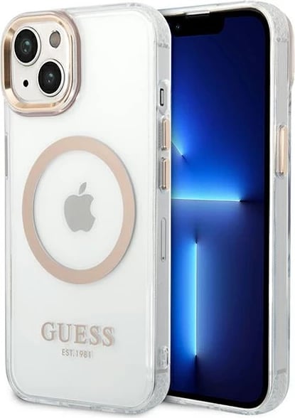 Mbështjellës Guess GUHMP14SHTRMD për iPhone 14 6.1", Metal Outline Magsafe, Transparent/Gold