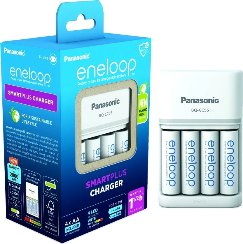 Karikues i shpejtë Panasonic Eneloop BQCC55 me 4 bateri AA 2000 mAh