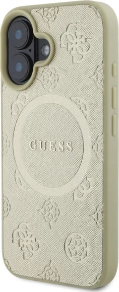 Mbështjellës Guess Saffiano Peony Classic Logo MagSafe për iPhone 16, ari