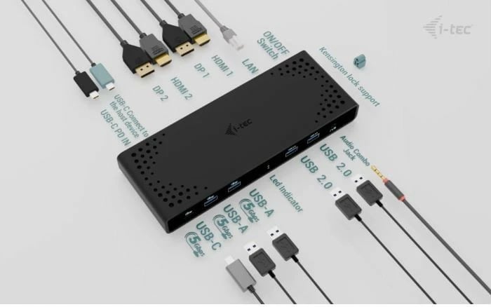 Kasë docking i-tec CADUA4KDOCKPDB100, 2x DisplayPort, 2x HDMI, 5x USB, RJ-45, 85W Power Delivery, me karikues USB-C, e zezë